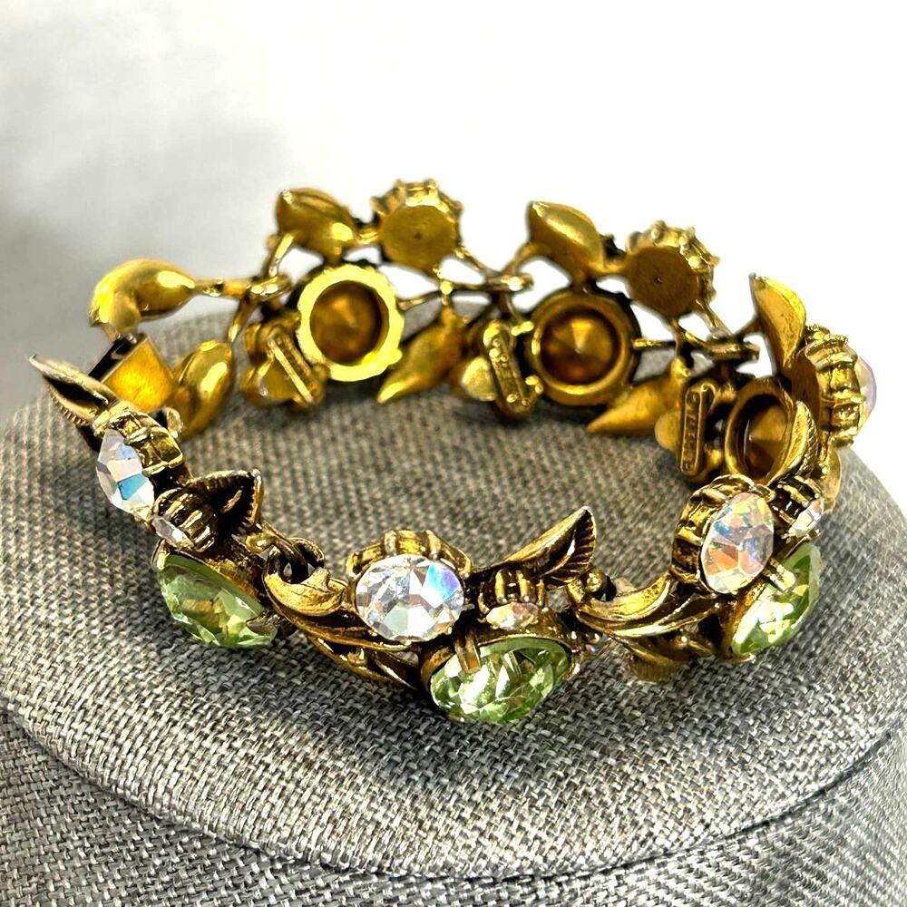 Florenza Bracelet Women 7.25‎ Gold Green AB Rhinestone Vintage Leaf Floral